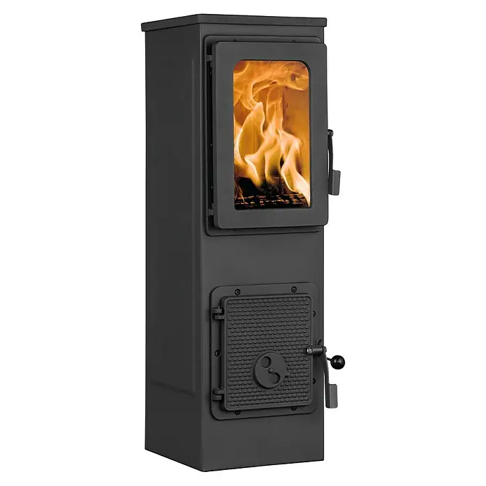 Firefix Werkstattofen VESUV LUX - 6 kW, Raumheizvermögen: 160 m³, Schwarz - Schwarzer Holzofen mit Glasfenster und Flammen. Der Ofen ist aus Gusseisen und hat eine robuste Bauweise für effektives Heizen.