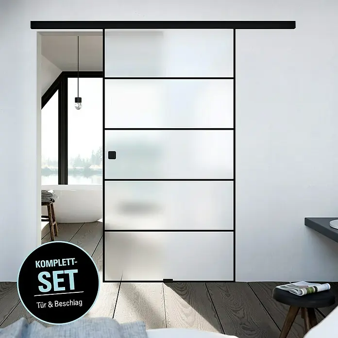 Diamond Doors Black Edition Schiebetür-Komplettset Lines - 935 x 2.058 mm, Milchglas - Schiebetür-Komplettset mit satiniertem Glas und schwarzem Rahmen. Ideal für moderne Badezimmer und Wohnräume.