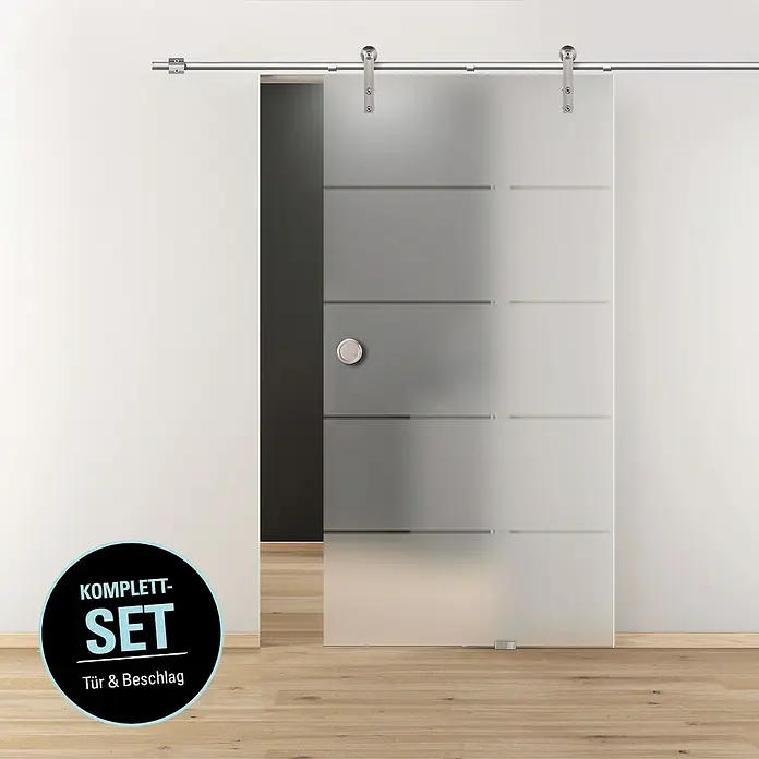 Diamond Doors Schiebetür-Komplettset Galaxy 6.0 - 935 x 2.058 mm, Einscheibensicherheitsglas (ESG) - Schiebetür aus Glas mit Beschlägen und horizontalen Linien, die ein modernes Design und eine elegante Raumtrennung ermöglicht.