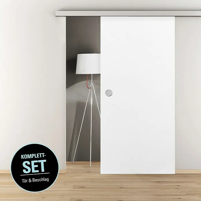 Diamond Doors Schiebetür-Komplettset Linea 40 Holz - 935 x 2.058 mm, Weiß, Wabe - Die Abbildung zeigt eine moderne, weisse Schiebetür mit minimalistischem Design, ideal für zeitgemässe Innenräume, inklusive Beschlagsset.