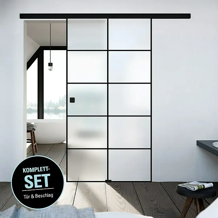 Diamond Doors Black Edition Schiebetür-Komplettset Loft - 935 x 2.058 mm, Milchglas - Schiebetür mit schwarzem Rahmen und satiniertem Glas, ideal für moderne Innenräume. Das Komplett-Set bietet eine stilvolle Raumtrennung.