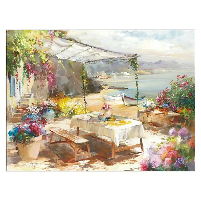 ProArt Leinwandbild Konventionel - Whisper Of Summer, B x H: 80 x 60 cm - Ein farbenfrohes Gemälde zeigt eine Küstenszene mit blühenden Blumen, einem gedeckten Tisch und einem malerischen Blick auf das Meer.
