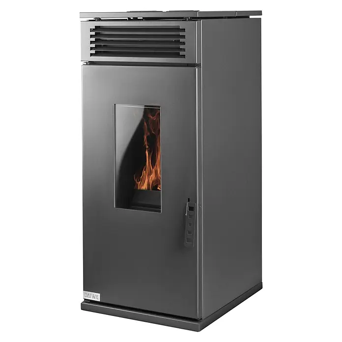 Hidroestufa de pellets Leonora Hidro 24 - 24 kW, Volumen de calefacción: 220 m³, Negro - La estufa de pellets Daiwa ofrece una cálida acogida con su diseño elegante y una fascinante vista de la llama.