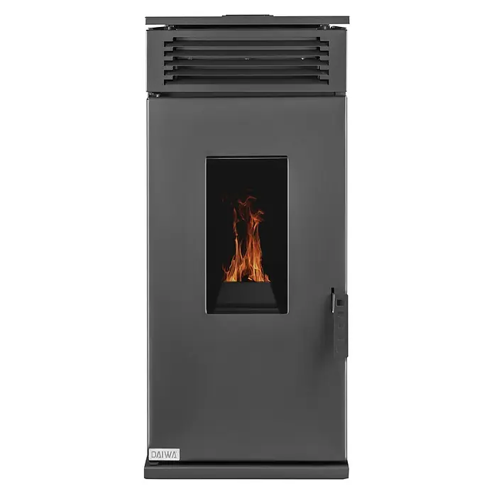Hidroestufa de pellets Leonora Hidro 24 - 24 kW, Volumen de calefacción: 220 m³, Negro - Primer plano de una estufa de pellets DAIWA, que ofrece calidez y eficiencia para tu hogar. Experimenta un calor acogedor con tecnología de punta.