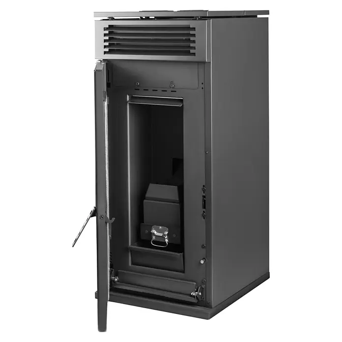 Hidroestufa de pellets Leonora Hidro 24 - 24 kW, Volumen de calefacción: 220 m³, Negro - Estufa de pellets abierta que muestra la cámara de combustión. Ofrece calor y combustión eficiente para momentos acogedores.