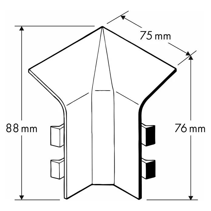 Marley Innenecke - Anthrazit - Darstellung eines Eckverbinders mit detaillierten Maßangaben für Montage und Design, ideal für Innenausbau.