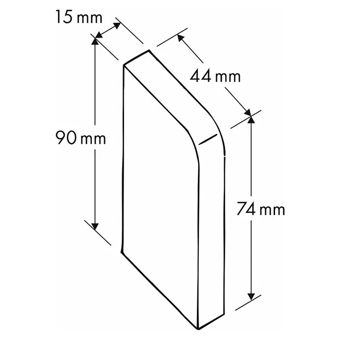 Marley Endkappe - Links, Anthrazit - Illustration eines dreidimensionalen Kantenschutzprofils mit Maßangaben. Ideal für den Schutz und die sichere Gestaltung von Kanten.
