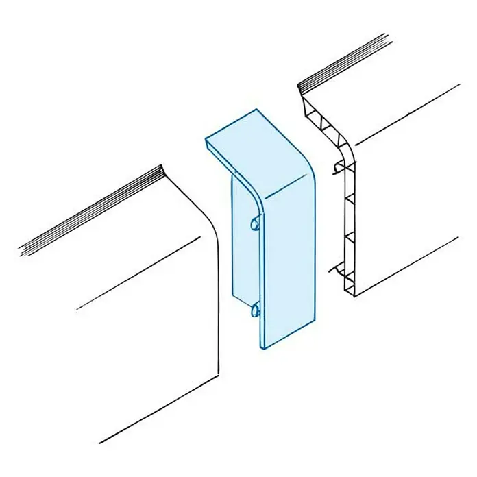Marley Übergangskappe - Buche - Grafik einer Verbindungsabdeckung für zwei Bauteile, hervorgehoben in hellem Blau, um eine sichere und ästhetische Verbindung zu demonstrieren.