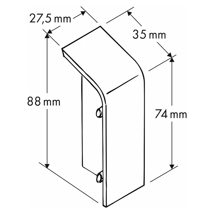Marley Übergangskappe - Buche - Abbildung einer Eckverbindung mit Maßangaben. Das Bauteil hat eine Höhe von 88 mm und eine Tiefe von 35 mm.