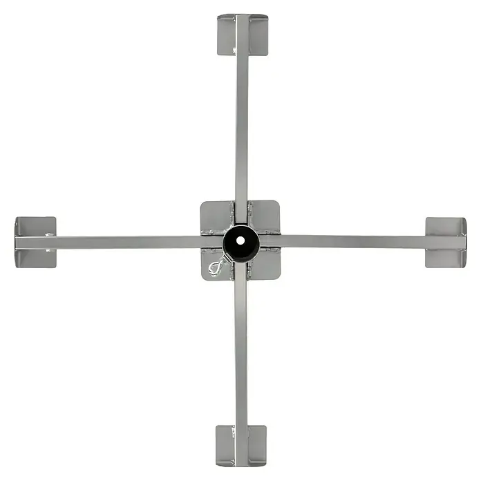 Plattenständer - Für Rohrdurchmesser: 48 mm - 55 mm, Metall - Nahaufnahme einer silbernen Bauklammer mit vier Armen auf schwarzem Hintergrund, die ein stabiles Gerüst für Bauprojekte bietet.