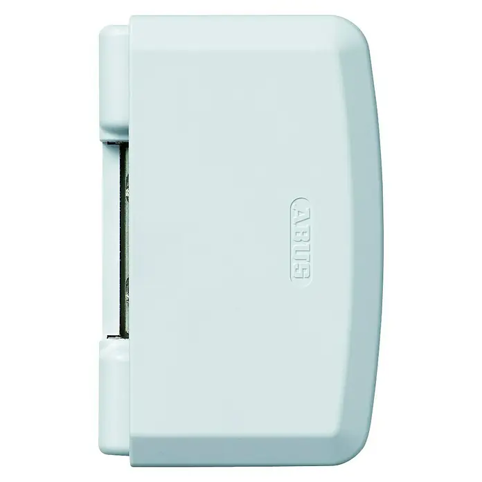 Abus Scharnierseitensicherung TAS112 - L x B x H: 108 x 66 x 30,5 mm, Weiß - Nahaufnahme eines ABUS Fensterschlosses in Weiß.