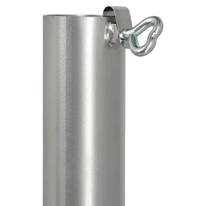 Plattenständer - Für Rohrdurchmesser: 48 mm - 55 mm, Metall - Detailansicht einer silbernen Rohrsäule mit einer Öse, die mit einer Schraube befestigt ist, ideal für Absperrungen und Wegleitsysteme.