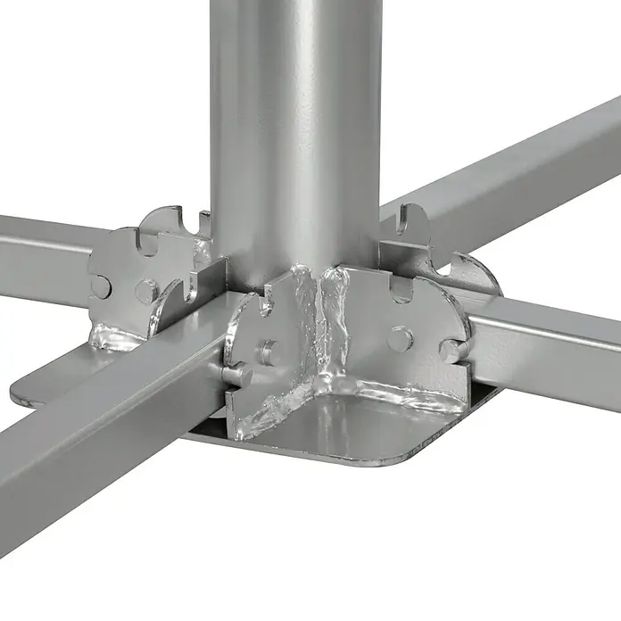 Plattenständer - Für Rohrdurchmesser: 48 mm - 55 mm, Metall - Detailaufnahme eines silbernen Metallständers mit quadratischer Basis und zentraler Säule, der Stabilität und Haltbarkeit betont.