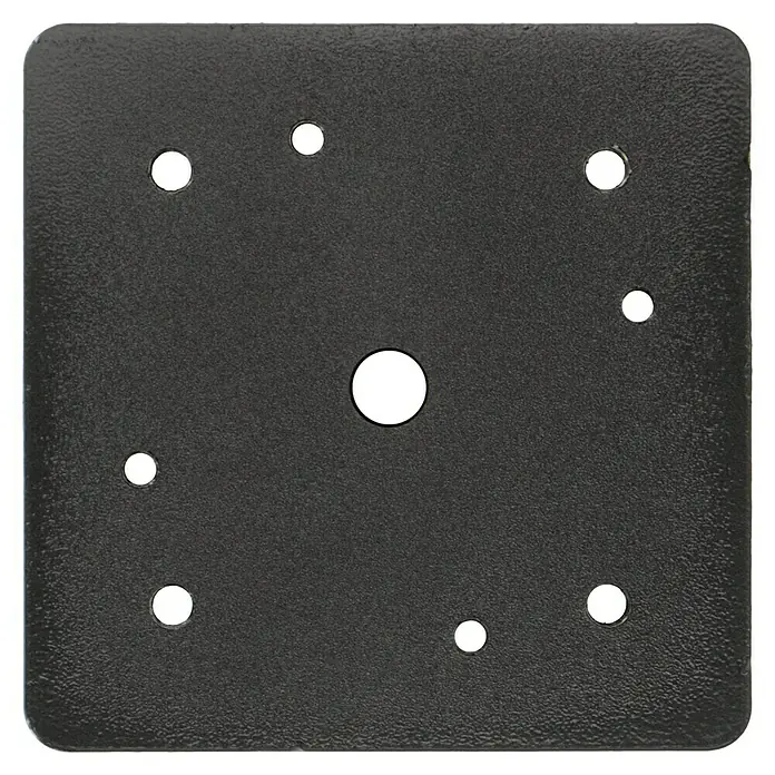Sunfun Bodendübel - Passend für: Sunfun Ampelschirme - Nahaufnahme einer quadratischen, schwarzen Montageplatte mit mehreren Löchern zur Befestigung. Ideal für diverse Montagearbeiten.