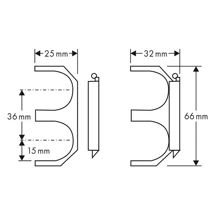 Marley Leistenclip - 4 Stk. - Technische Zeichnung einer Kabelaufhängung mit Bemaßungen. Die Kabelaufhängung ist 66mm hoch und 32mm breit.