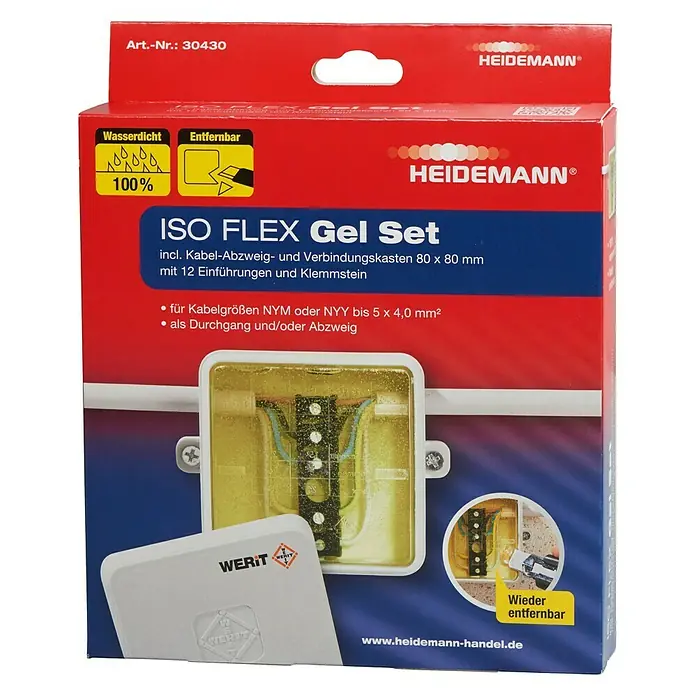 Heidemann Iso Flex Gel-Set - 190 ml, 1 g/cm³ - Produktverpackung des HEIDEMANN ISO FLEX Gel Sets, wasserdicht und wiederentfernbar, für Kabelgrößen bis 5 x 4,0 mm².