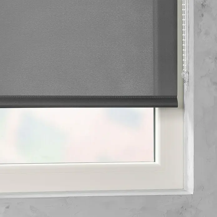 Rollo Basic - B x H: 60 x 175 cm, Grau, Uni, Tageslichtdurchlässig - Graue Rollo vor einem Fenster. Die Rollo ist heruntergelassen und bedeckt das Fenster. Sie bietet Privatsphäre und dunkelt den Raum ab.