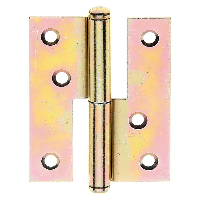 Stabilit Aushebescharnier - B x H: 65 x 80 mm, Stärke: 1,8 mm, Verzinkt, Links - Nahaufnahme eines glänzend goldenen Türscharniers mit Schraubenlöchern, ideal für DIY-Projekte und Heimwerkerarbeiten.