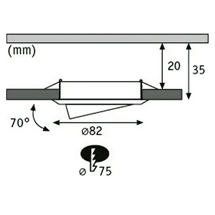 Paulmann LED-Einbauleuchten-Set rund - 6 W, Weiß matt, 3 Stk., Warmweiß - Eine technische Zeichnung eines Deckenstrahlers mit den Maßen 20 mm, 35 mm und einem Durchmesser von 82 mm.