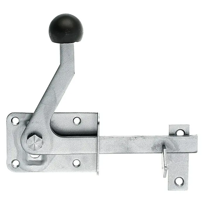 Stabilit Picaporte para puerta de jardín - An x Al: 80 x 100 mm, Acero inoxidable - Un pestillo de volteo plateado con una perilla negra y una placa de montaje que presenta múltiples orificios para una instalación segura.