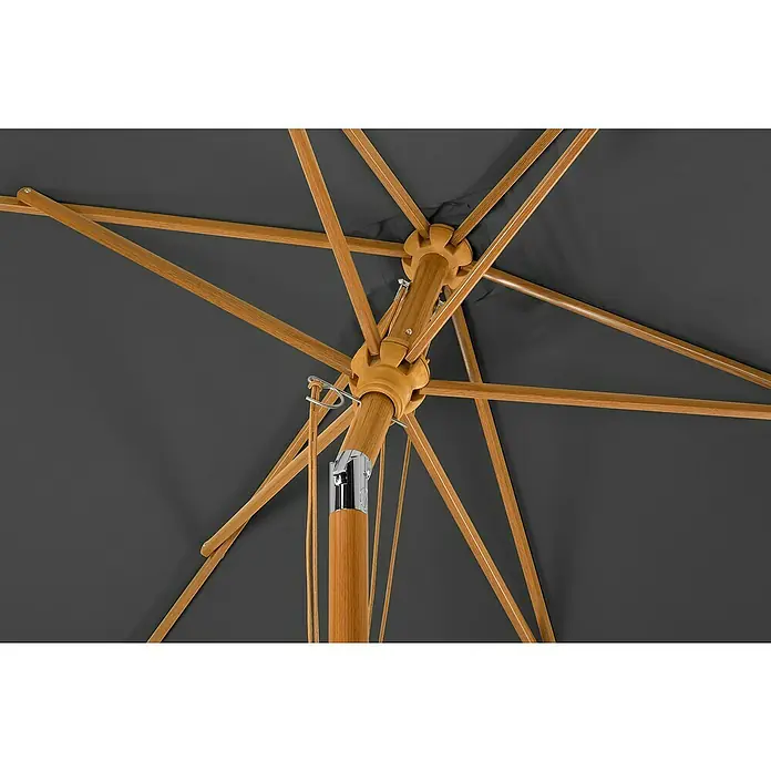 Schneider Classic Marktschirm Malaga - Anthrazit, Bespannungsmaß (L x B): 300 x 200 cm - Nahaufnahme eines geöffneten Sonnenschirms mit Holzrahmen und grauem Stoffbezug, der Schatten spendet.