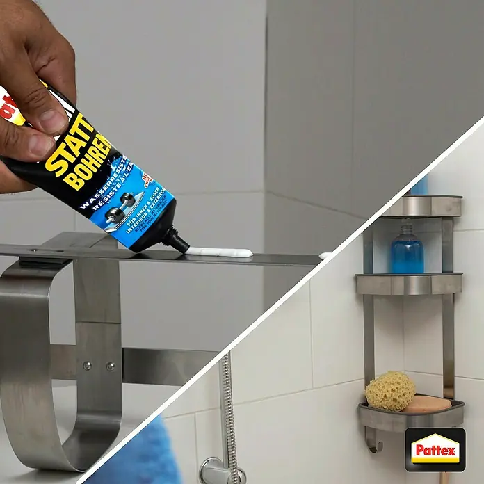 Pattex Kleben statt Bohren Montagekleber Wasserresistent - 340 g, Wasserbeständig - Die Pattex Montagekleber "Statt Bohren" Tube wird verwendet, um einen Gegenstand im Badezimmer zu befestigen.