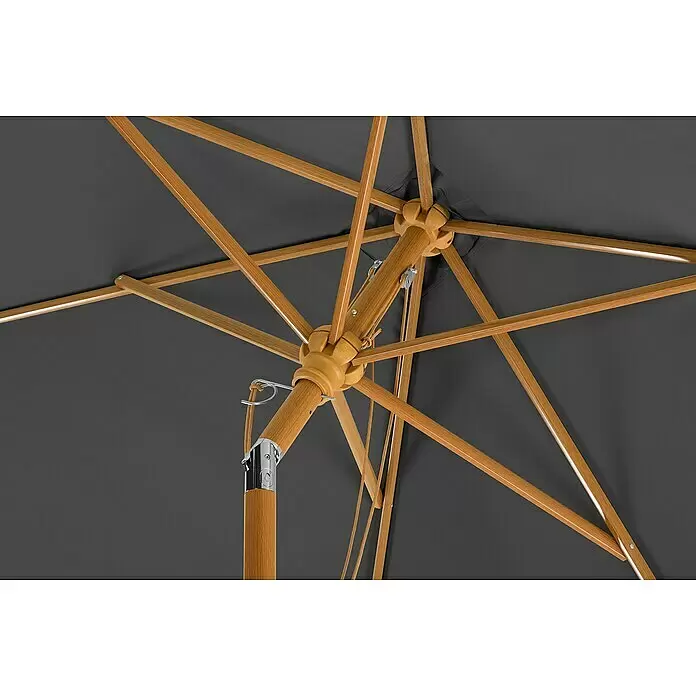 Schneider Classic Marktschirm Malaga - Anthrazit, Bespannungsmaß (L x B): 300 x 200 cm - Unteransicht eines dunkelgrauen Sonnenschirms mit Holzgestell, Streben, Mittelmechanismus, Metallbeschlägen und Zugseil.