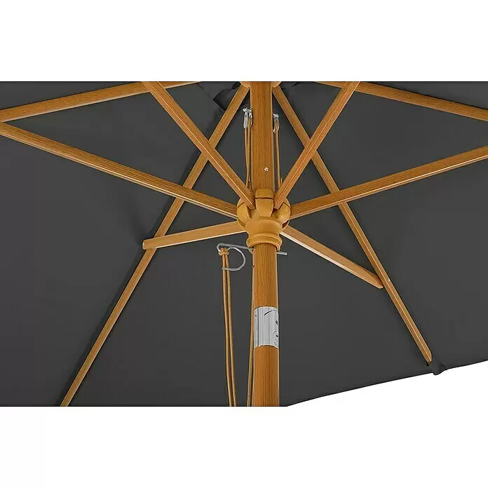 Schneider Classic Marktschirm Malaga - Anthrazit, Bespannungsmaß (L x B): 300 x 200 cm - Unterseite eines geöffneten Sonnenschirms mit Holzrahmen, dunkelgrauem Stoffdach und Metallzugsystem.