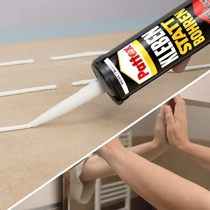 Pattex Montagekleber Kleben statt Bohren High Tack - 440 g, Lösemittelfrei - Pattex Kleben statt Bohren Montagekleber wird aufgetragen, um einen Spiegel an einer Wand zu befestigen – eine saubere, schnelle Lösung.