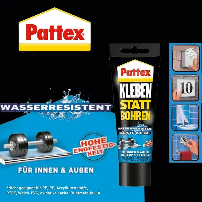 Pattex Kleben statt Bohren Montagekleber Wasserresistent - 340 g, Wasserbeständig - Pattex Kleben Statt Bohren: Leistungsstarker Kleber für Innen & Außen, wasserfest, hohe Endfestigkeit. Ideal für verschiedene Materialien.