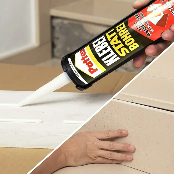 Pattex Montagekleber Kleben statt Bohren High Tack - 440 g, Lösemittelfrei - Pattex Kleben statt Bohren Montagekleber in Aktion. Ein weißer Klebestreifen wird aufgetragen.