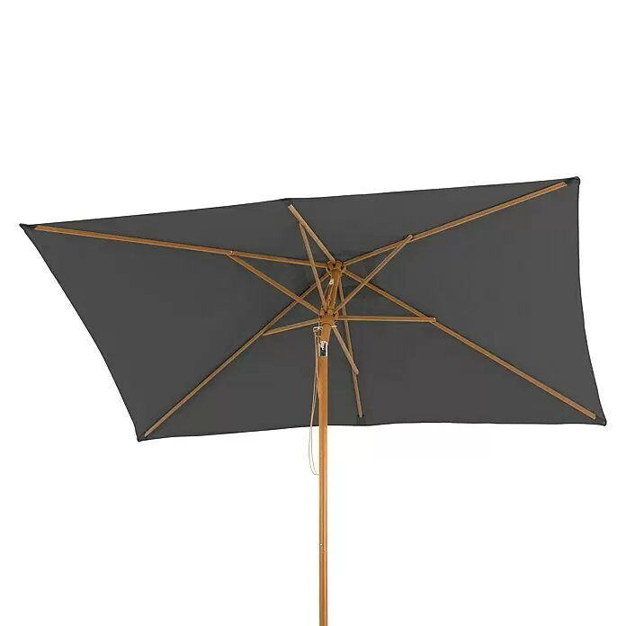 Schneider Classic Marktschirm Malaga - Anthrazit, Bespannungsmaß (L x B): 300 x 200 cm - Dunkelgrauer rechteckiger Sonnenschirm mit natürlichem Holzrahmen und -stange, von unten gesehen.