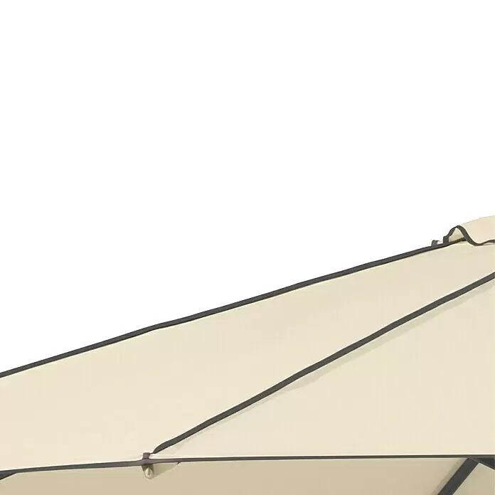 Schneider Classic Marktschirm rund Adria - Natur, Durchmesser Bespannung: 350 cm - Nahaufnahme von beigem Sonnenschirmstoff mit dunklem Rand, der einen Teil der Überdachungskonstruktion zeigt.
