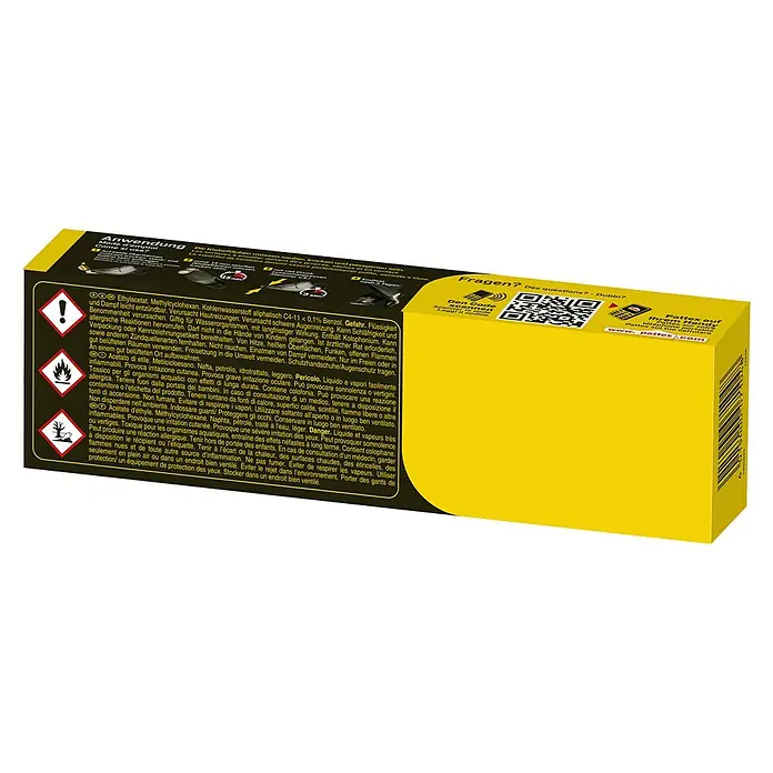 Pattex Kontakt Kraftkleber Classic - 125 g, Tube - Aufdruck auf einer Pattex-Kartonverpackung mit Warnhinweisen und Anweisungen zur Verwendung des Produkts.