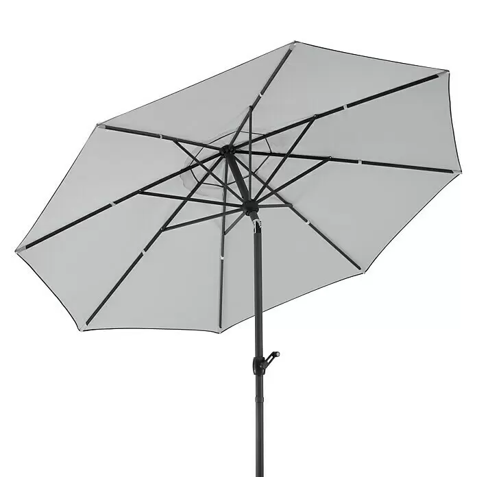 Schneider Classic Marktschirm rund Adria - Silbergrau, Durchmesser Bespannung: 300 cm - Unteransicht eines hellgrauen rechteckigen Sonnenschirms mit schwarzem Metallrahmen und Stange.