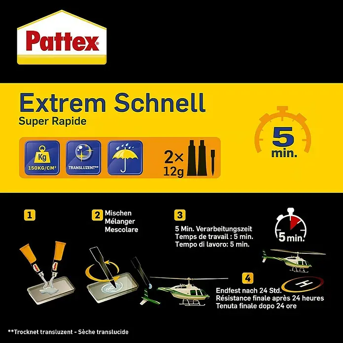 Pattex Kraft-Mix 2-Komponenten-Kleber Extrem Schnell - 2 Stk., 12 g - Bildanleitung für Pattex Extrem Schnell: Auftragen, Mischen, 5 Min. Verarbeitungszeit, Endfest nach 24 Std.