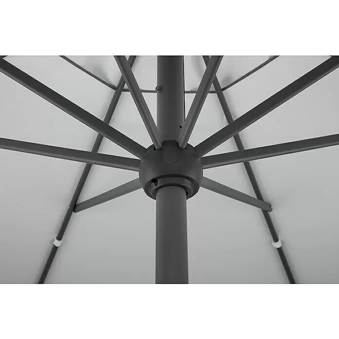 Schneider Classic Marktschirm rund Adria - Silbergrau, Durchmesser Bespannung: 350 cm - Dunkelgraues Metallgestell und hellgraues Stoffdach eines geöffneten Sonnenschirms, von unten gesehen.