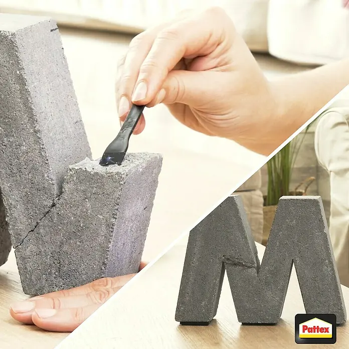 Pattex Kraft-Mix 2-Komponenten-Kleber Extrem Schnell - 2 Stk., 12 g - Die Montage des Betonbuchstabens "M" mit Pattex-Kleber für dauerhaften Halt und kreative DIY-Projekte im Innen- und Außenbereich.