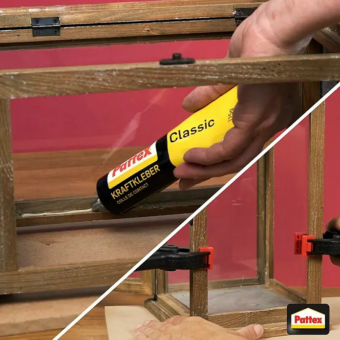 Pattex Kontakt Kraftkleber Classic - 125 g, Tube - Kleben mit Pattex Classic: Eine Nahaufnahme von Pattex Kraftkleber Classic beim Verkleben eines Holzrahmens, demonstriert die Anwendung des Produkts.
