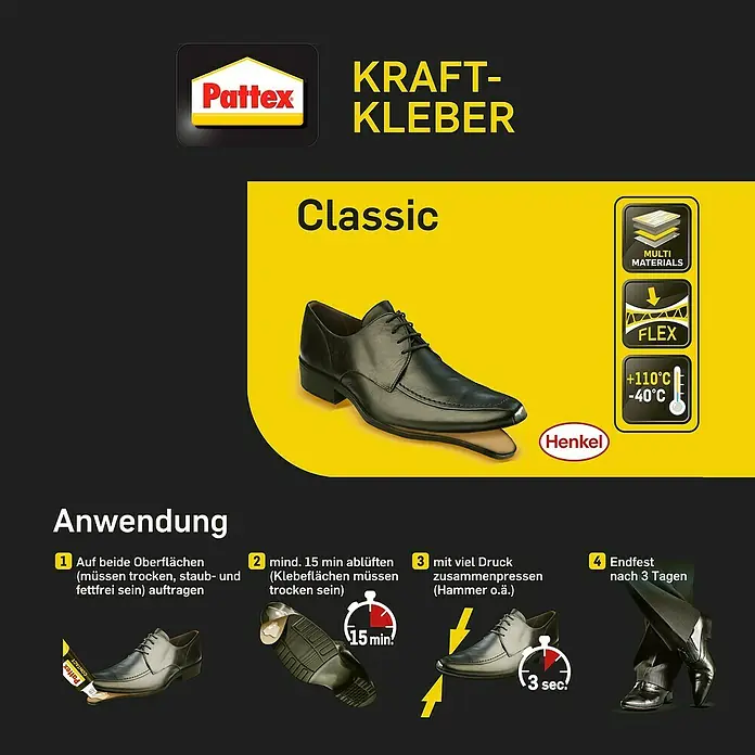 Pattex Kontakt Kraftkleber Classic - 125 g, Tube - Anzeige für Pattex Kraftkleber Classic, ideal zum Kleben verschiedener Materialien, flexibel und temperaturbeständig.