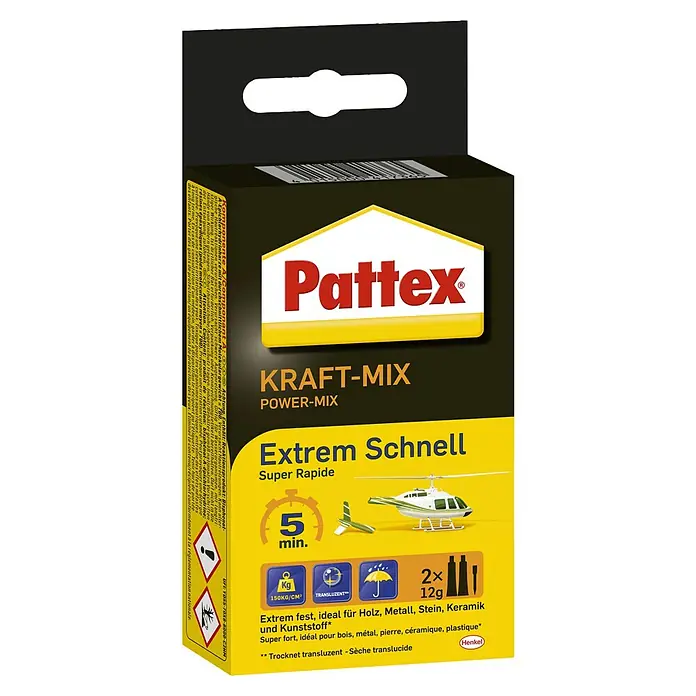 Pattex Kraft-Mix 2-Komponenten-Kleber Extrem Schnell - 2 Stk., 12 g - Produktfoto von Pattex Kraft-Mix Power-Mix Extrem Schnell Super Rapide 2x12g.