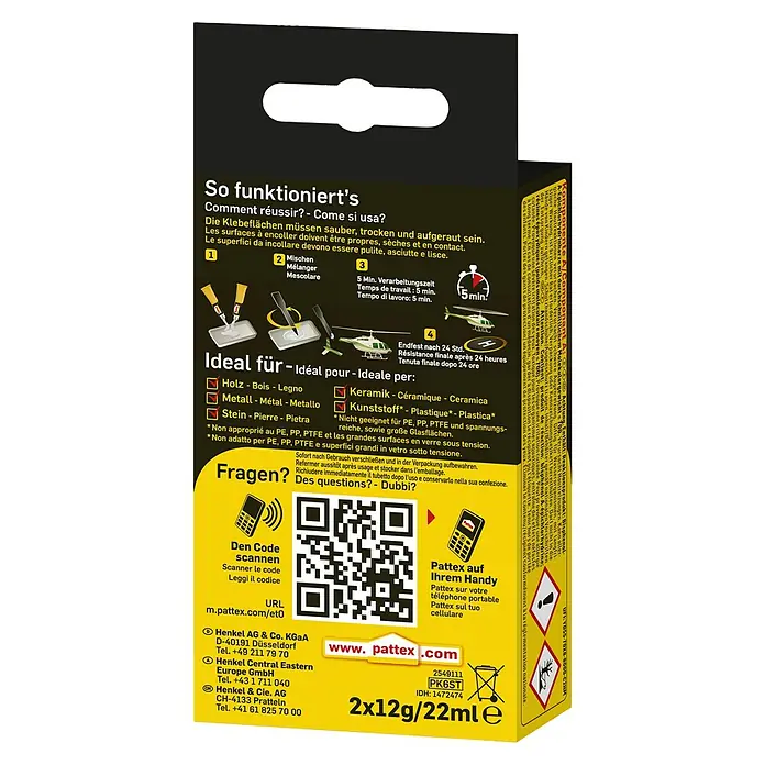 Pattex Kraft-Mix 2-Komponenten-Kleber Extrem Schnell - 2 Stk., 12 g - Pattex Kleber Rückseite mit Anweisungen, Eignungshinweisen und Kontaktinformationen für Henkel.