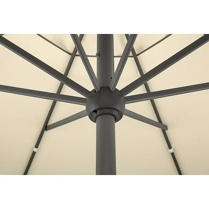 Schneider Classic Marktschirm rund Adria - Natur, Durchmesser Bespannung: 350 cm - Detailaufnahme eines Sonnenschirms, die die Konstruktion mit Streben und Mittelstange zeigt, ideal für den Außenbereich.