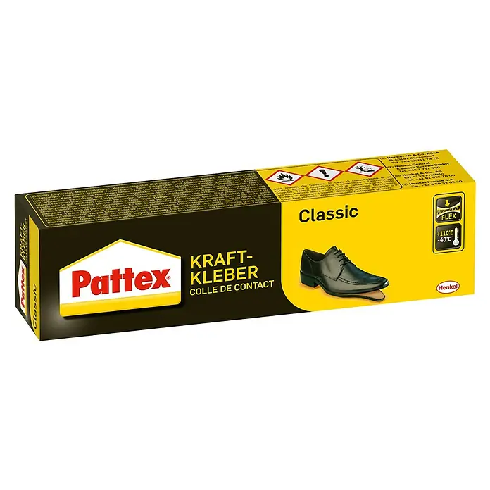 Pattex Kontakt Kraftkleber Classic - 50 g, Tube - Produktbild der Pattex Classic Kraft-Kleber-Verpackung mit Schuhabbildung.
