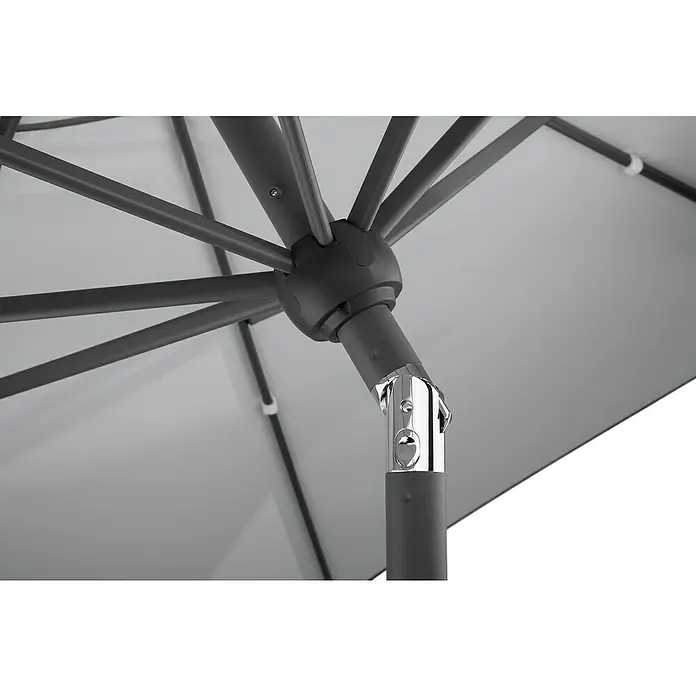 Schneider Classic Marktschirm rund Adria - Silbergrau, Durchmesser Bespannung: 300 cm - Detailaufnahme eines grauen Sonnenschirms, der Schatten spendet und vor Sonne schützt. Die Konstruktion ist stabil und langlebig.