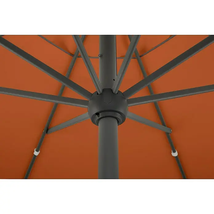 Schneider Classic Marktschirm rund Adria - Terracotta, Durchmesser Bespannung: 300 cm - Detailansicht von einem geöffneten Sonnenschirm mit orangefarbenem Stoff und einem robusten, grauen Gestell mit zentraler Stange.
