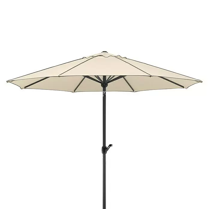 Schneider Classic Marktschirm rund Adria - Natur, Durchmesser Bespannung: 300 cm - Cremefarbener Sonnenschirm für den Außenbereich mit dunkelgrauem Mast und Streben, vollständig geöffnet.