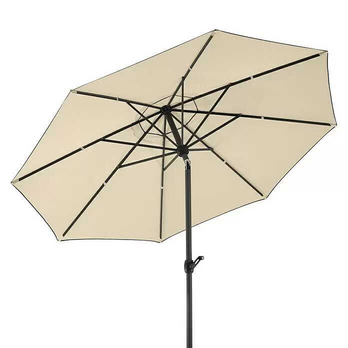 Schneider Classic Marktschirm rund Adria - Natur, Durchmesser Bespannung: 300 cm - Cremefarbener Sonnenschirm mit schwarzem Gestell, von unten gesehen.