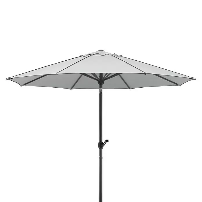 Schneider Classic Marktschirm rund Adria - Silbergrau, Durchmesser Bespannung: 300 cm - Ein hellgrauer Sonnenschirm mit dunklem Mast und Streben.