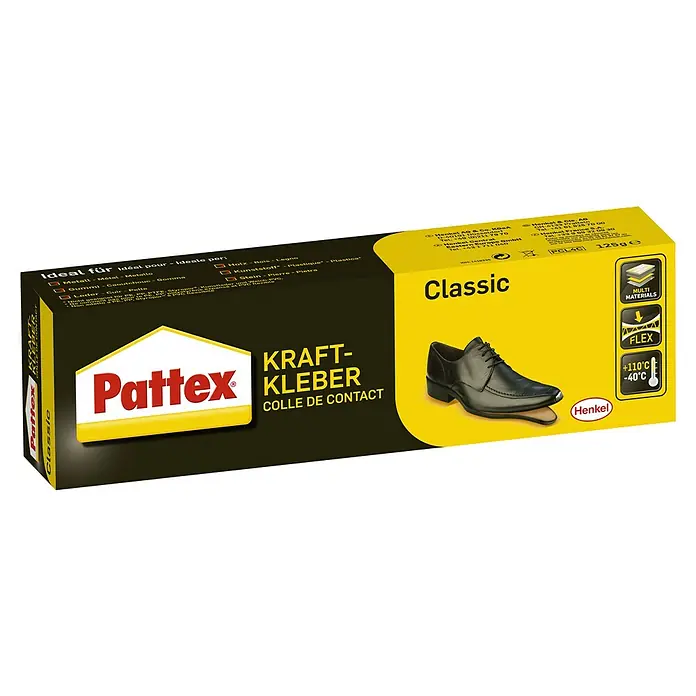 Pattex Kontakt Kraftkleber Classic - 125 g, Tube - Produktdarstellung: Pattex Kraft-Kleber Classic in einer gelb-schwarzen Verpackung mit Schuhabbildung. Geeignet für diverse Materialien.